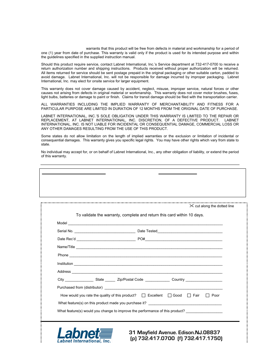 Limited warranty | Labnet MPS 1000 Mini PCR Plate Spinner User Manual | Page 7 / 8