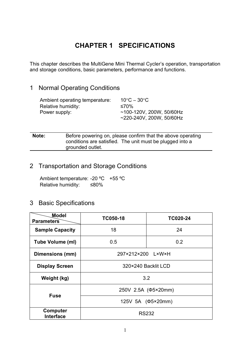 Chapter 1 specifications, 1 normal operating conditions, 2 transportation and storage conditions | 3 basic specifications | Labnet MultiGene Mini Personal Thermal Cycler User Manual | Page 3 / 22