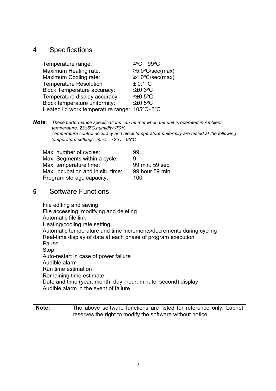 4specifications, Software functions | Labnet MultiGene Mini Personal Thermal Cycler User Manual | Page 4 / 22