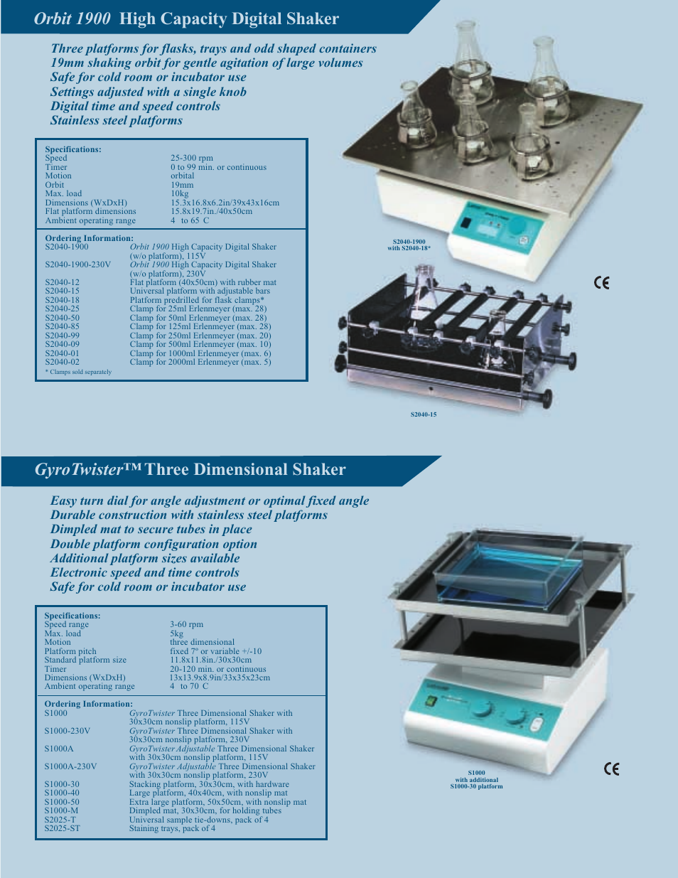 Orbit 1900 high capacity digital shaker, Gyrotwister™ three dimensional shaker, Safe for cold room or incubator use | Settings adjusted with a single knob, Digital time and speed controls, Stainless steel platforms, Dimpled mat to secure tubes in place, Double platform configuration option, Additional platform sizes available, Electronic speed and time controls | Labnet Shakers and Shaking Incubators Selection Guide User Manual | Page 4 / 6