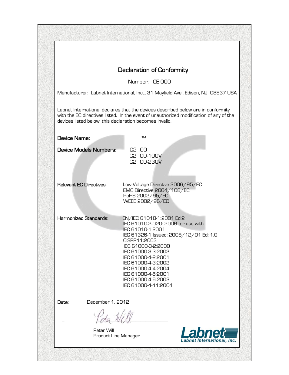 Declaration of conformity | Labnet Prism Air-Cooled Microcentrifuge (C2500) User Manual | Page 18 / 20