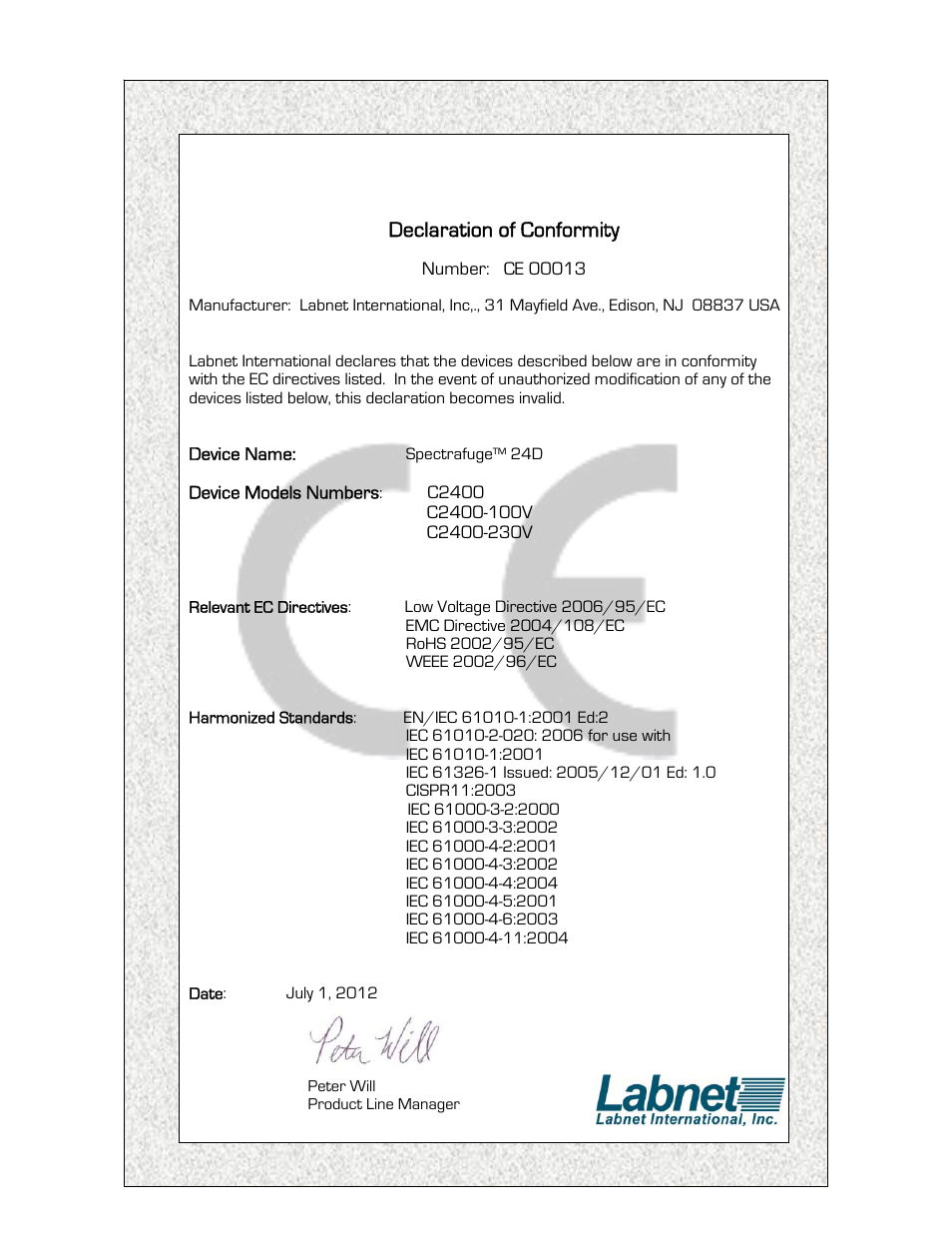 Declaration of conformity | Labnet Spectrafuge 24D Digital Microcentrifuge User Manual | Page 14 / 16