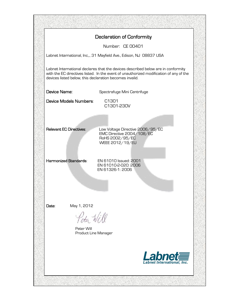 Declaration of conformity | Labnet Spectrafuge Mini Laboratory Centrifuge User Manual | Page 6 / 8