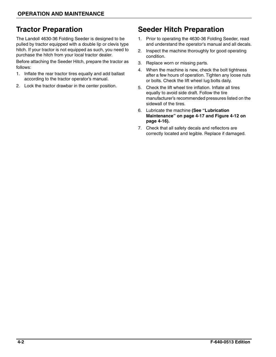 Tractor preparation, Seeder hitch preparation | Landoll 4630-36 Folding Seeder Operators Manual v.F-640-0513 05/2013 User Manual | Page 16 / 36
