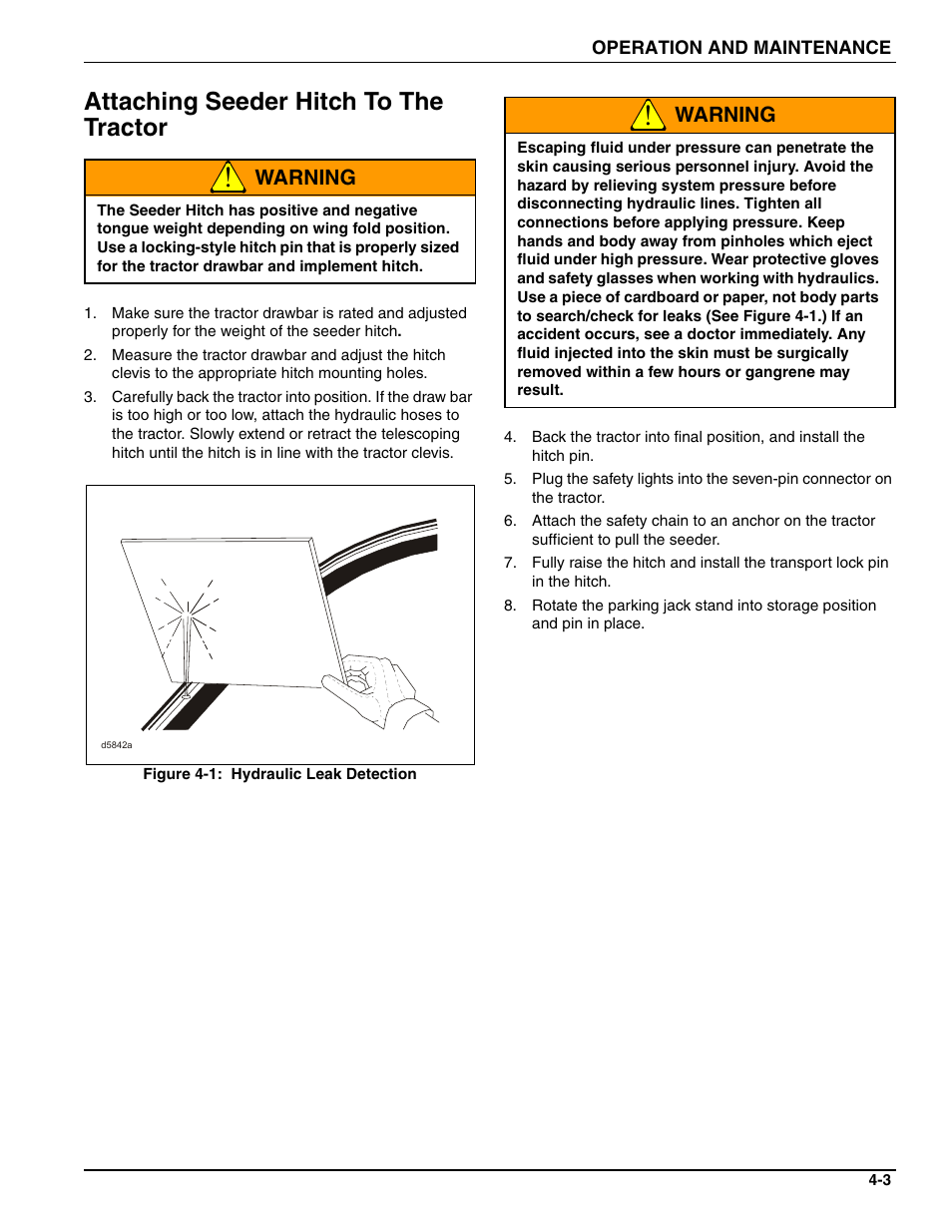 Attaching seeder hitch to the tractor, Warning | Landoll 4630-36 Folding Seeder Operators Manual v.F-640-0513 05/2013 User Manual | Page 17 / 36
