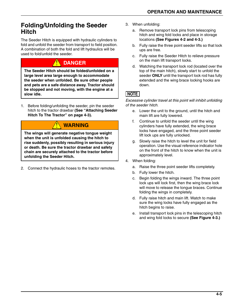 Folding/unfolding the seeder hitch, Danger, Warning | Landoll 4630-36 Folding Seeder Operators Manual v.F-640-0513 05/2013 User Manual | Page 19 / 36