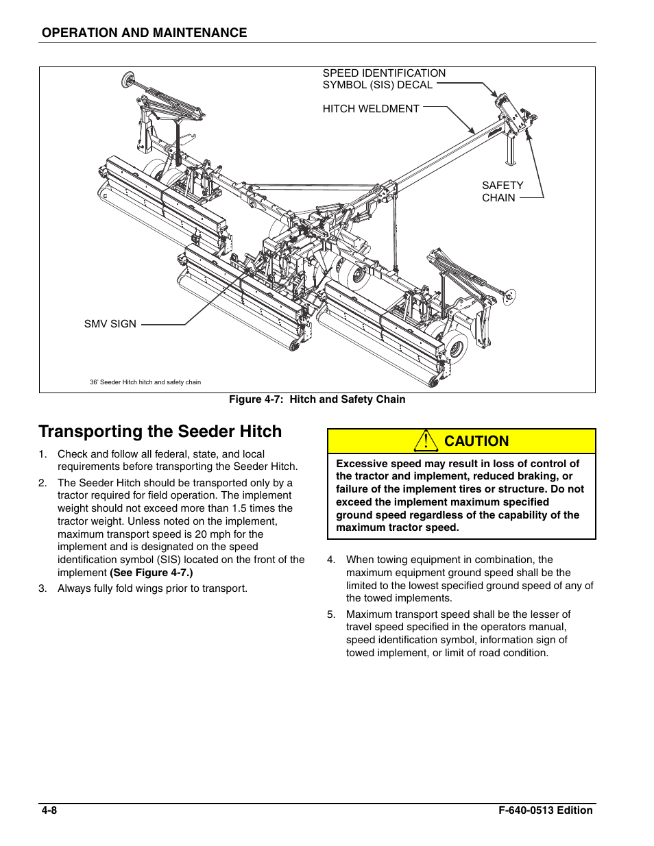 Transporting the seeder hitch, Caution | Landoll 4630-36 Folding Seeder Operators Manual v.F-640-0513 05/2013 User Manual | Page 22 / 36