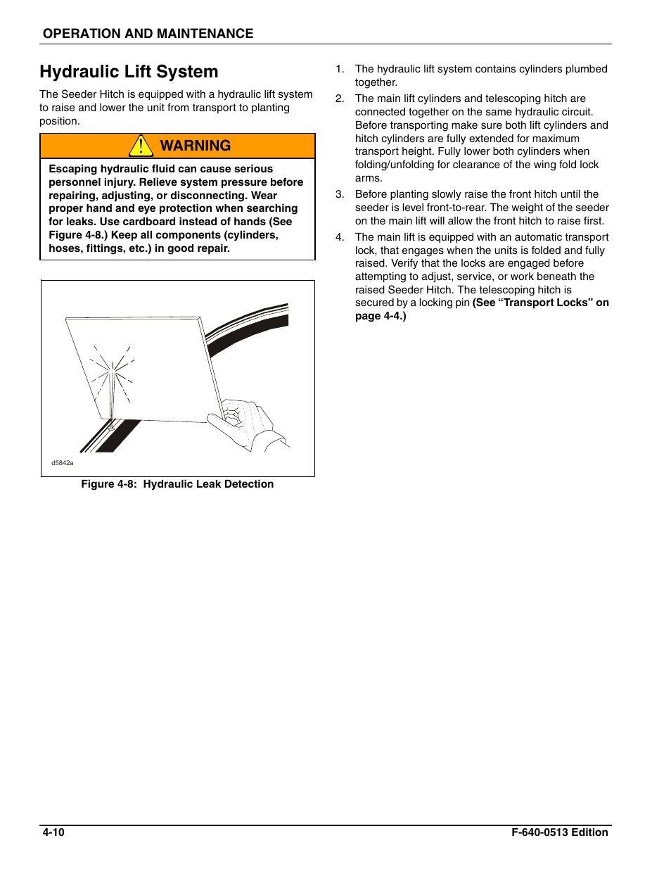 Hydraulic lift system, Warning | Landoll 4630-36 Folding Seeder Operators Manual v.F-640-0513 05/2013 User Manual | Page 24 / 36