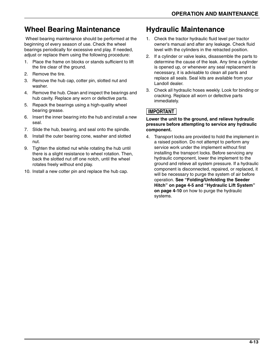 Wheel bearing maintenance, Hydraulic maintenance | Landoll 4630-36 Folding Seeder Operators Manual v.F-640-0513 05/2013 User Manual | Page 27 / 36