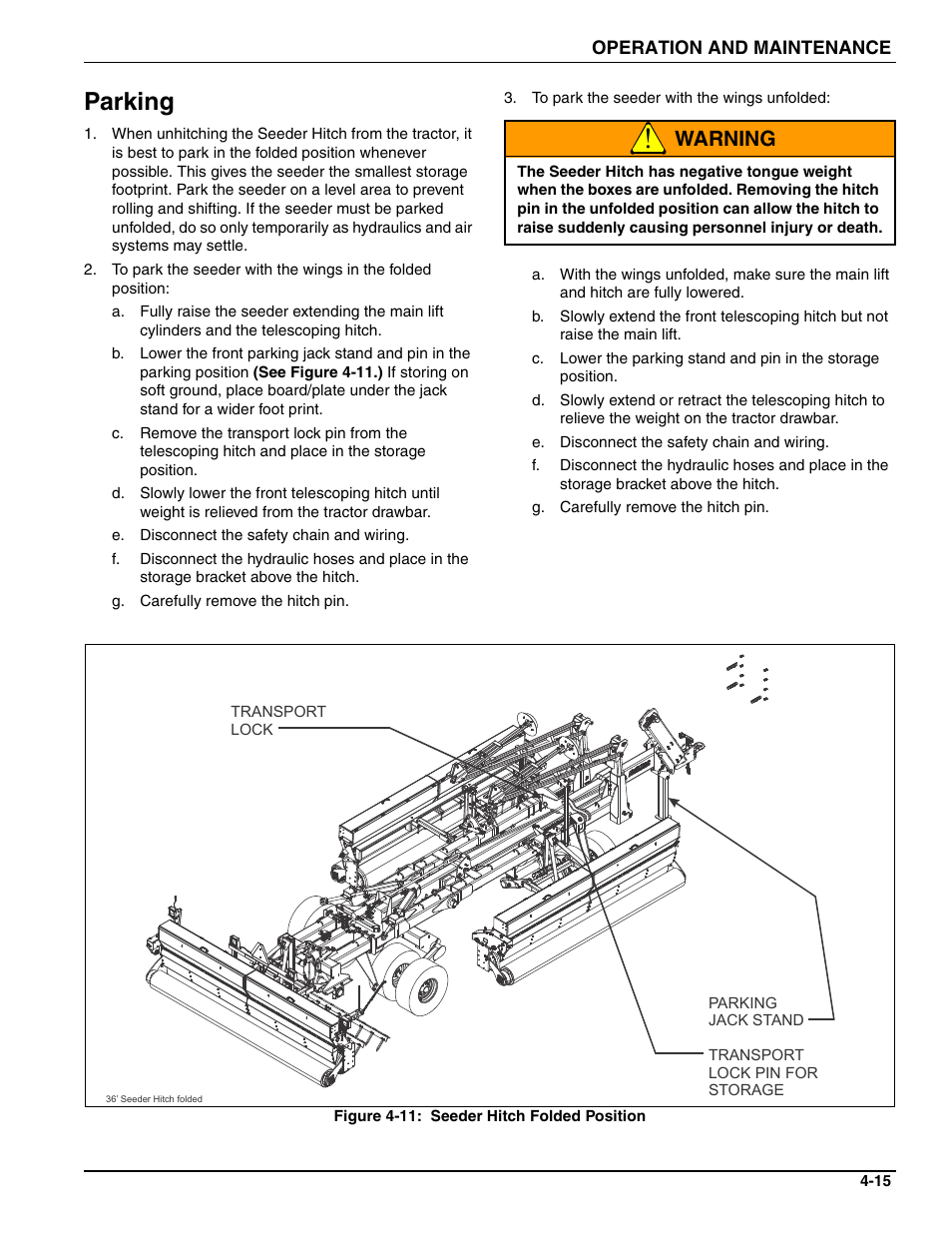 Parking, Warning | Landoll 4630-36 Folding Seeder Operators Manual v.F-640-0513 05/2013 User Manual | Page 29 / 36