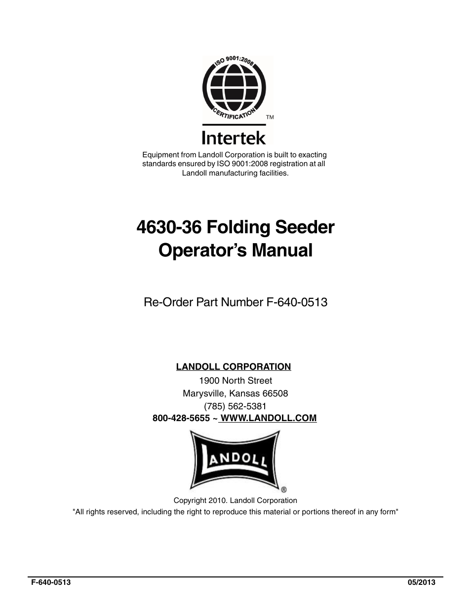 Landoll 4630-36 Folding Seeder Operators Manual v.F-640-0513 05/2013 User Manual | Page 36 / 36