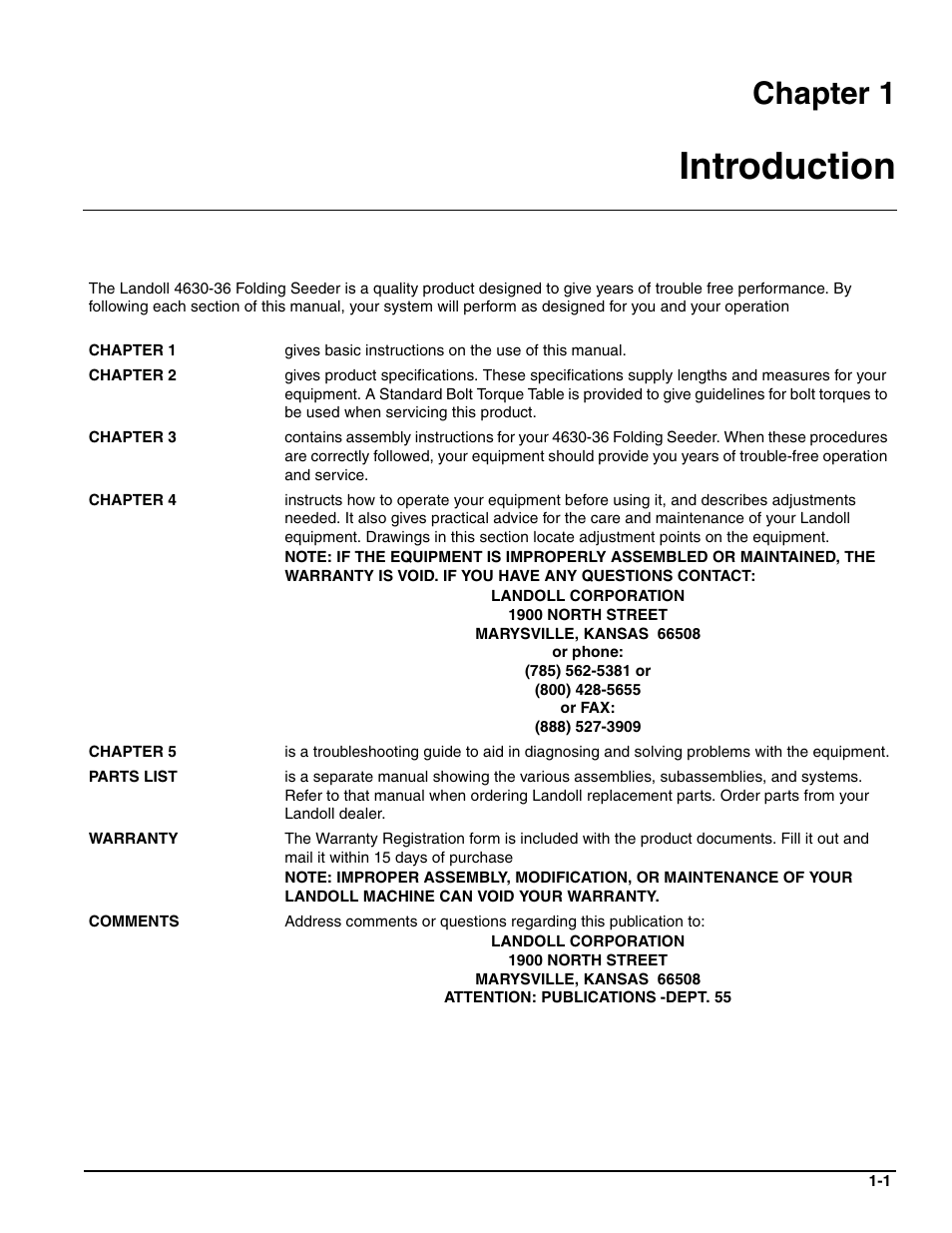 Introduction, Chapter 1 | Landoll 4630-36 Folding Seeder Operators Manual v.F-640-0513 05/2013 User Manual | Page 5 / 36