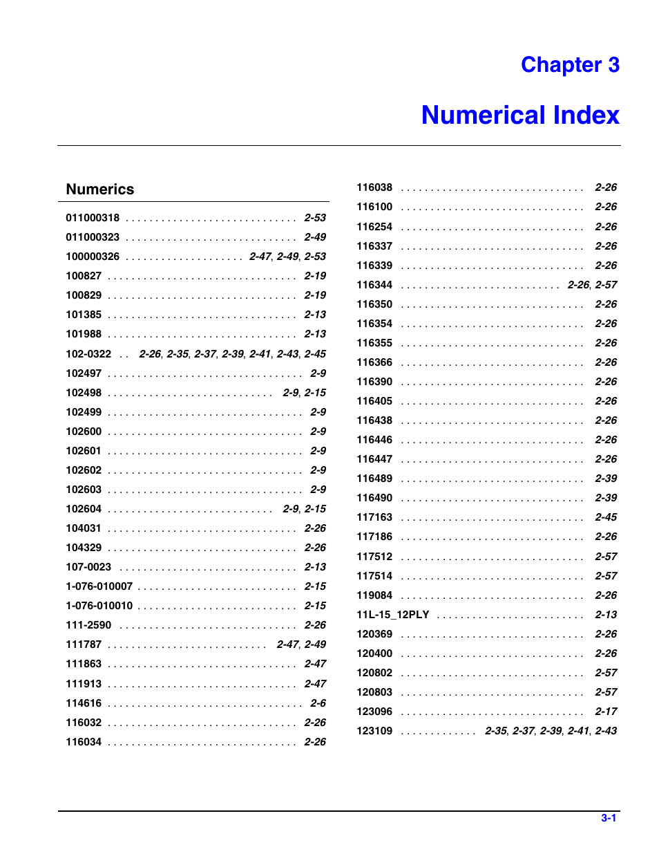 Numerical index, Chapter 3, Numerics | Landoll 4630-36 Folding Seeder Parts Manual v.F-641-1213 12/2013 User Manual | Page 69 / 76