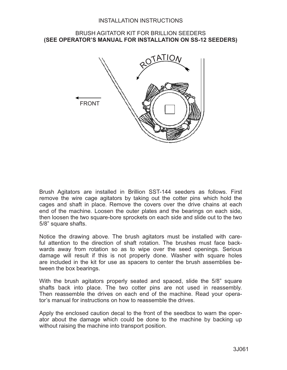 Landoll 3J061 BRUSH AGITATOR KIT FOR BRILLION SEEDERS Installation User Manual | 2 pages