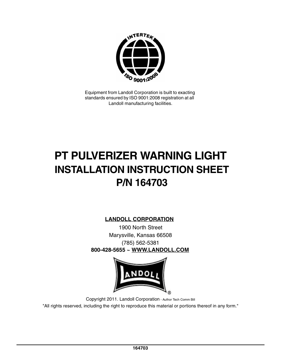 Pt pulverizer warning light | Landoll 164703 PT PULVERIZER WARNING LIGHT User Manual | Page 12 / 12