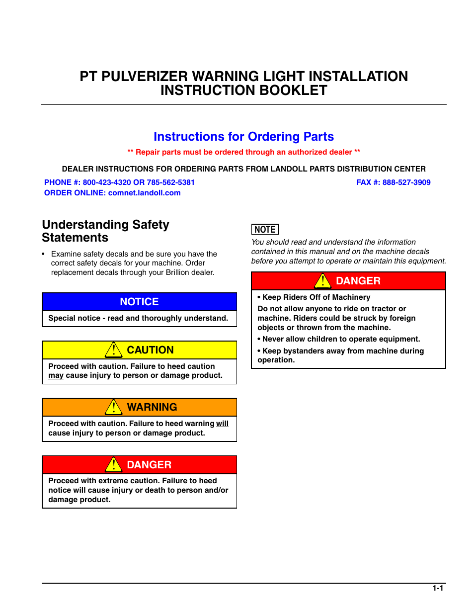 Understanding safety statements, Instructions for ordering parts | Landoll 164703 PT PULVERIZER WARNING LIGHT User Manual | Page 3 / 12