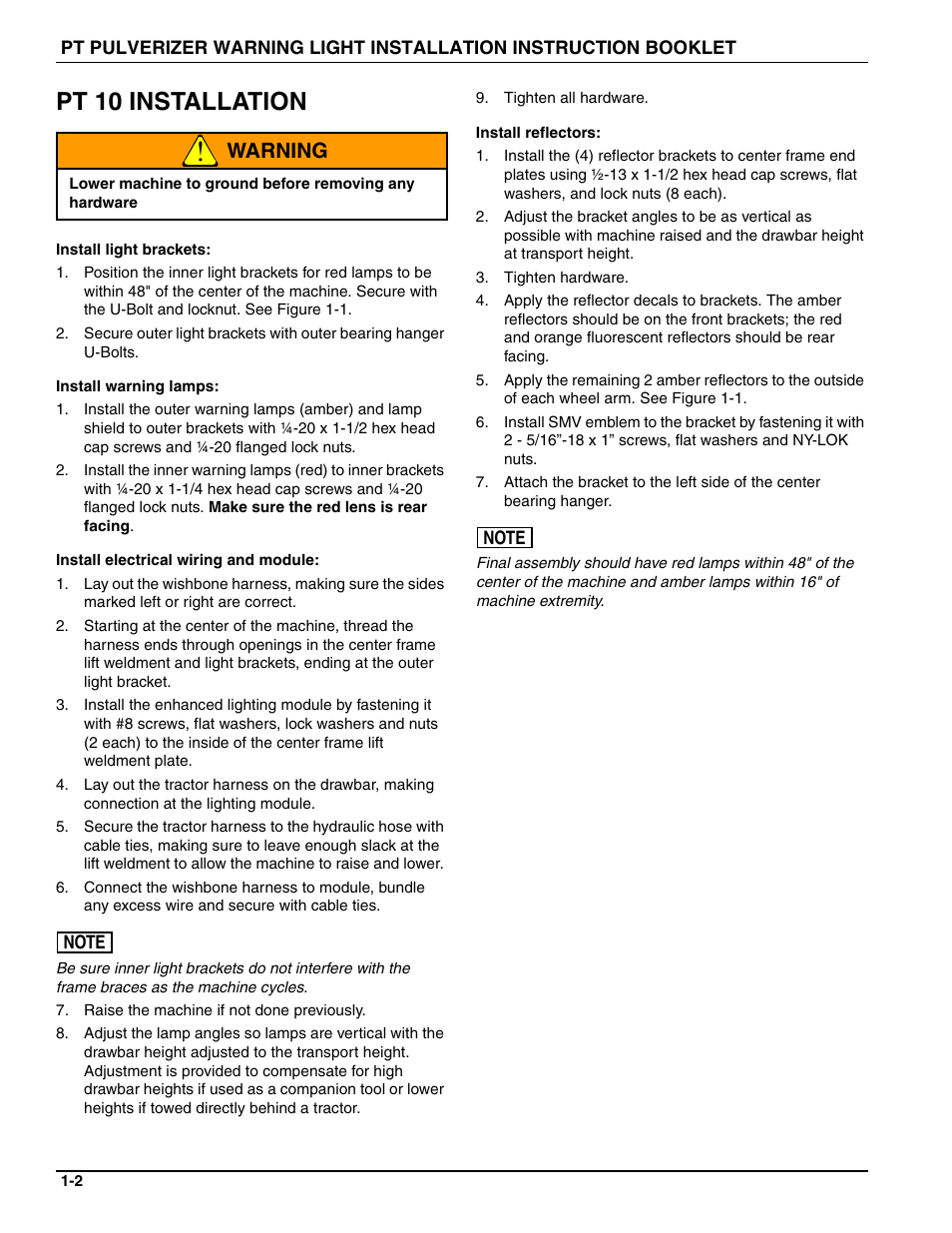 Pt 10 installation, Warning | Landoll 164703 PT PULVERIZER WARNING LIGHT User Manual | Page 4 / 12