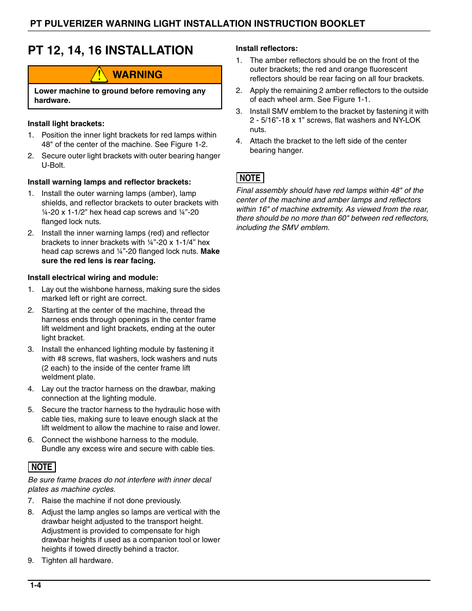 Pt 12, 14, 16 installation, Warning | Landoll 164703 PT PULVERIZER WARNING LIGHT User Manual | Page 6 / 12