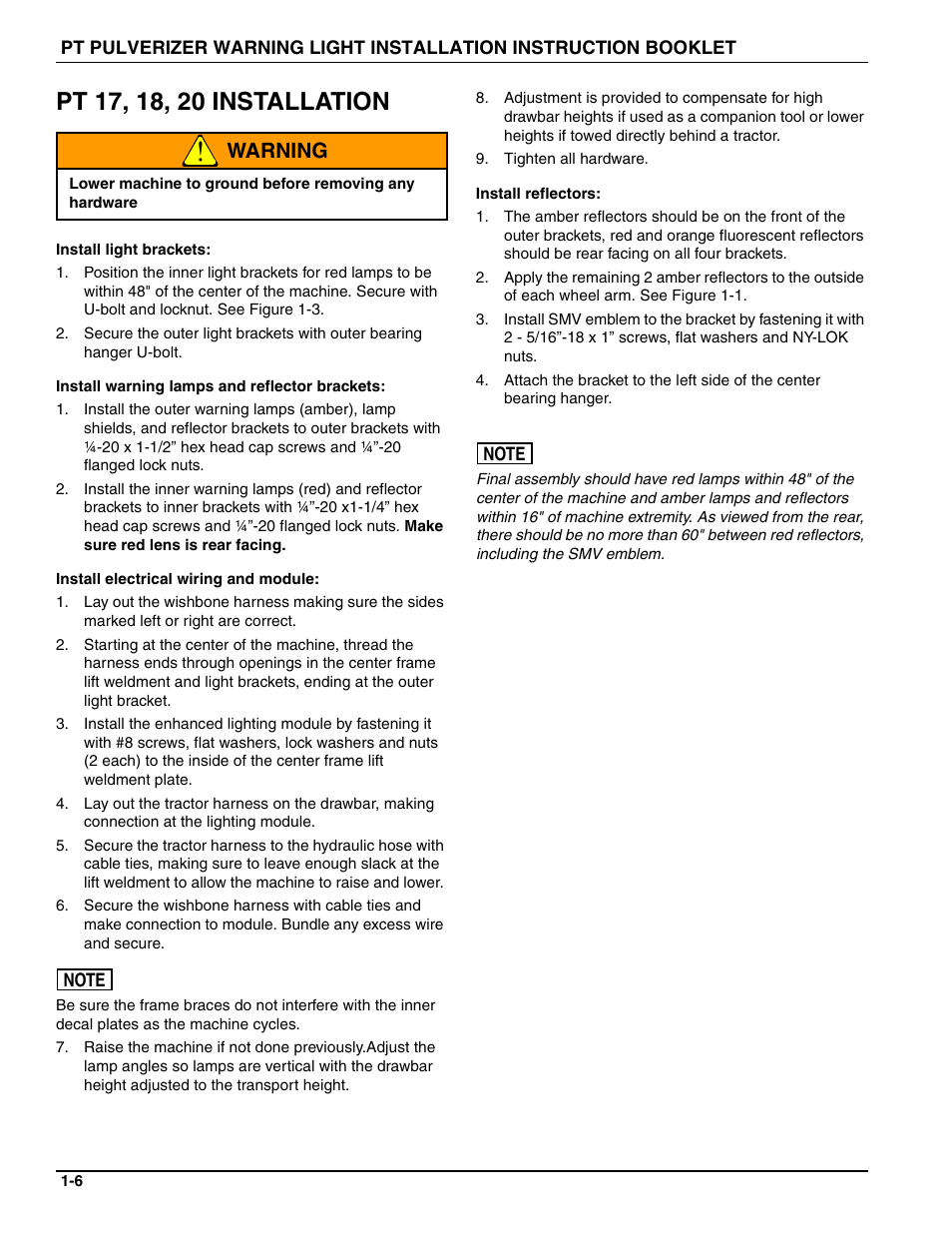 Pt 17, 18, 20 installation, Warning | Landoll 164703 PT PULVERIZER WARNING LIGHT User Manual | Page 8 / 12