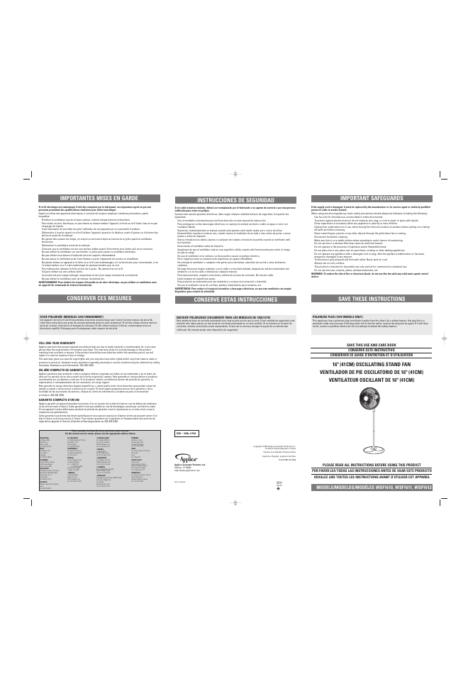 Important safeguards importantes mises en garde, Conserver ces mesures, Save these instructions | Instrucciones de seguridad, Conserve estas instrucciones | Belson WSF1611 User Manual | Page 2 / 2