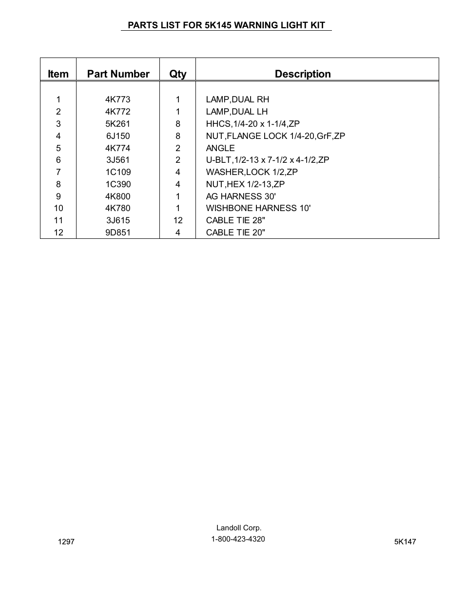 Item part number qty description | Landoll 5K145 WARNING LIGHT KIT User Manual | Page 2 / 2