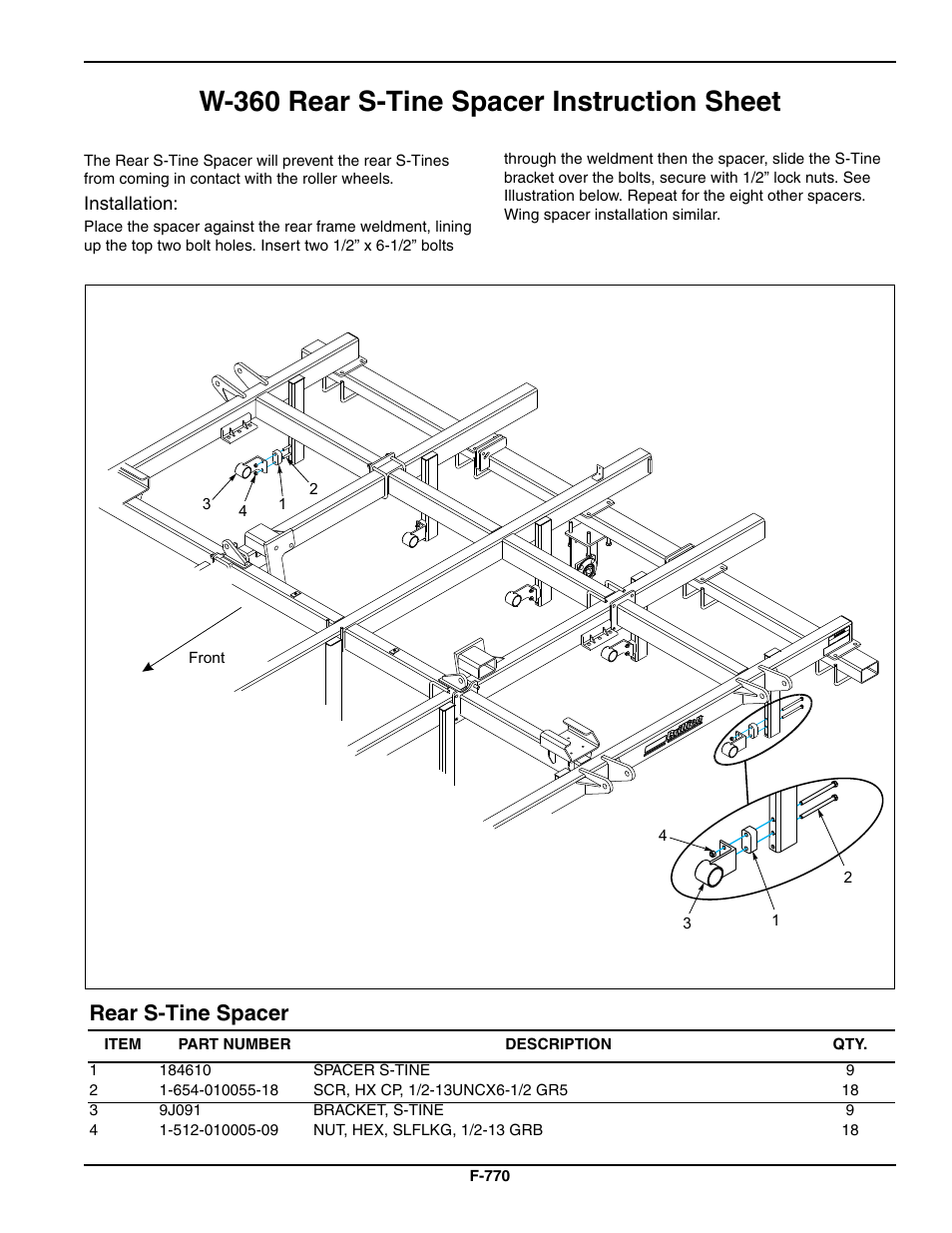 Landoll W-360 Rear S-Tine Spacer User Manual | 2 pages