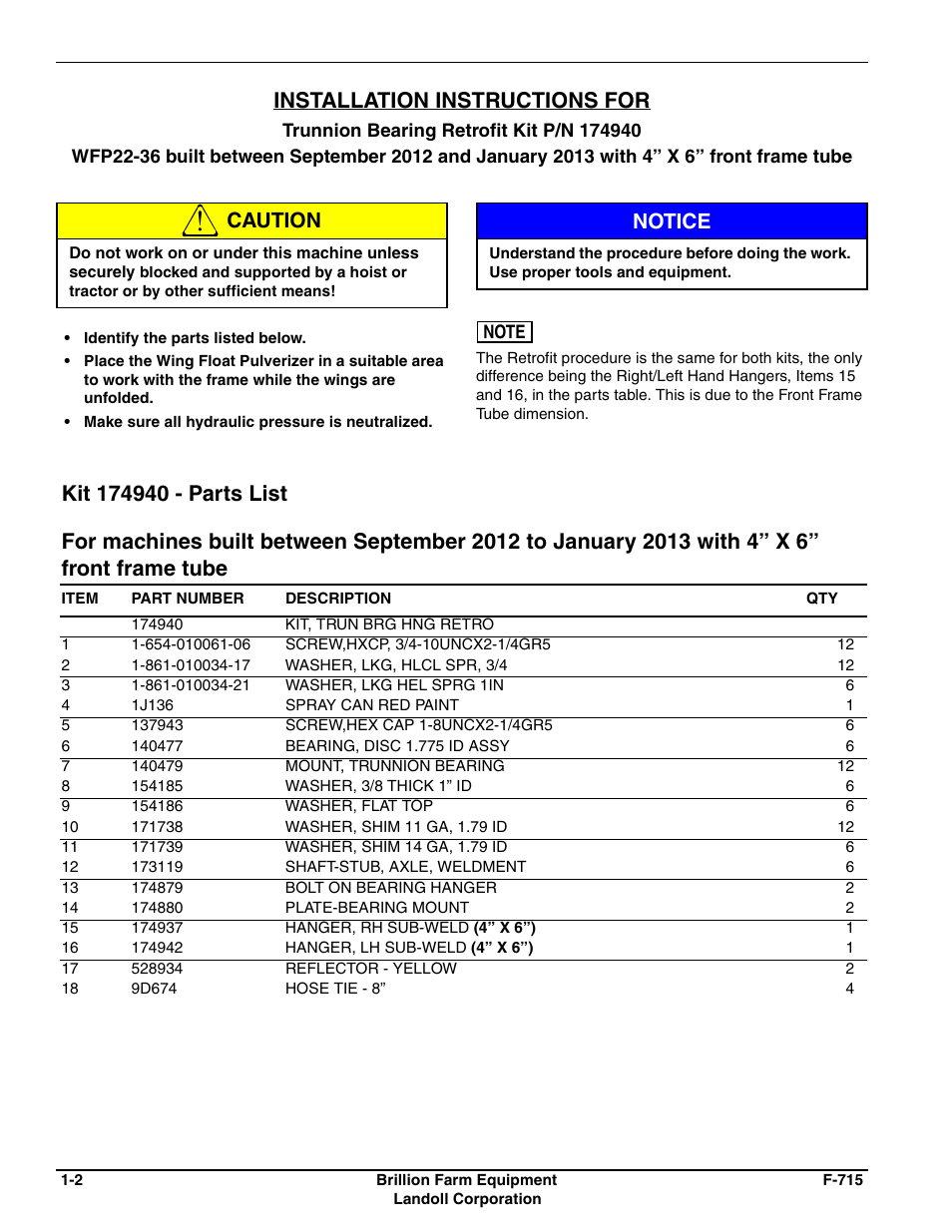 Installation instructions for, Caution, Notice | Landoll 175116 Trunnion Bearing Retrofit Kit User Manual | Page 2 / 14