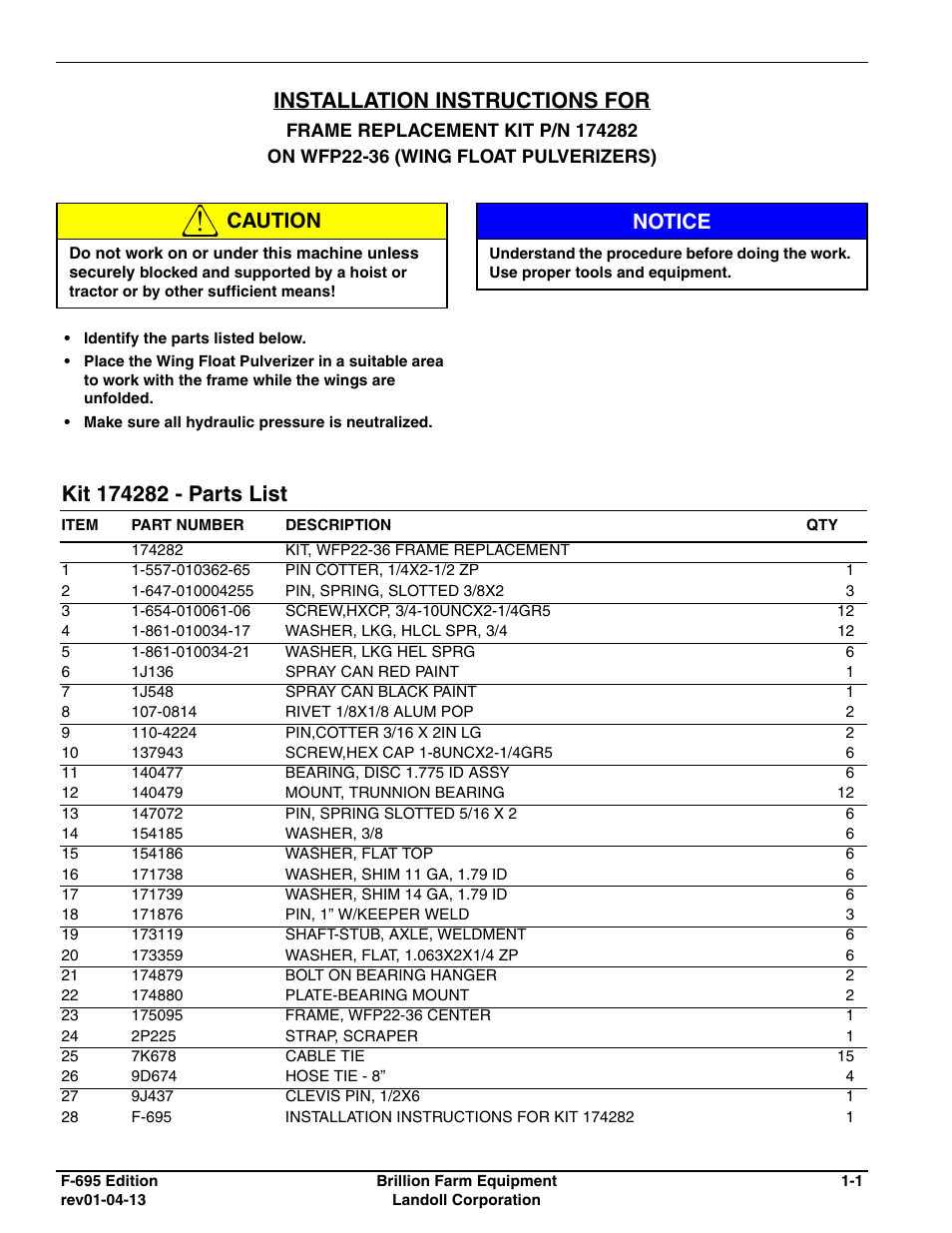 Landoll 174282 FRAME REPLACEMENT KIT User Manual | 4 pages