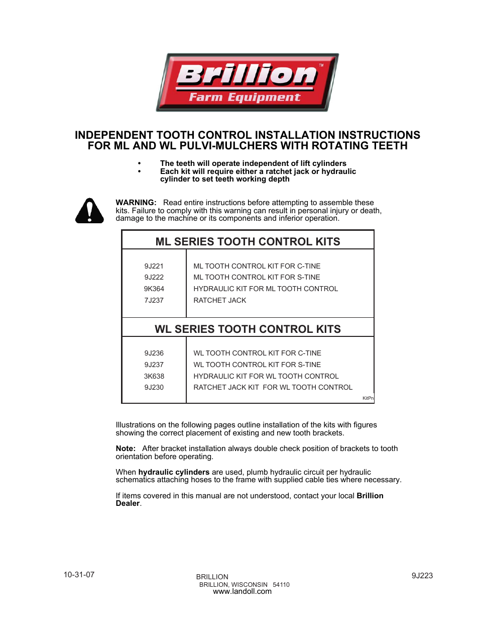 Landoll WL SERIES TOOTH CONTROL KITS User Manual | 22 pages