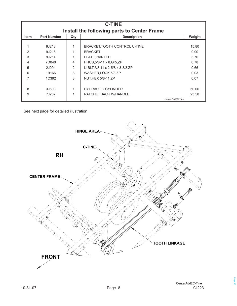 Front, C-tine install the following parts to center frame | Landoll WL SERIES TOOTH CONTROL KITS User Manual | Page 10 / 22