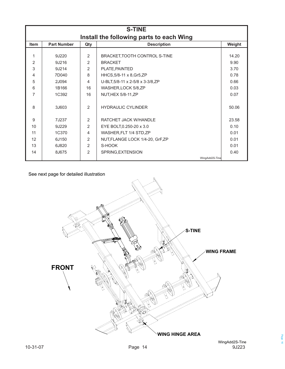 Front, S-tine install the following parts to each wing | Landoll WL SERIES TOOTH CONTROL KITS User Manual | Page 16 / 22