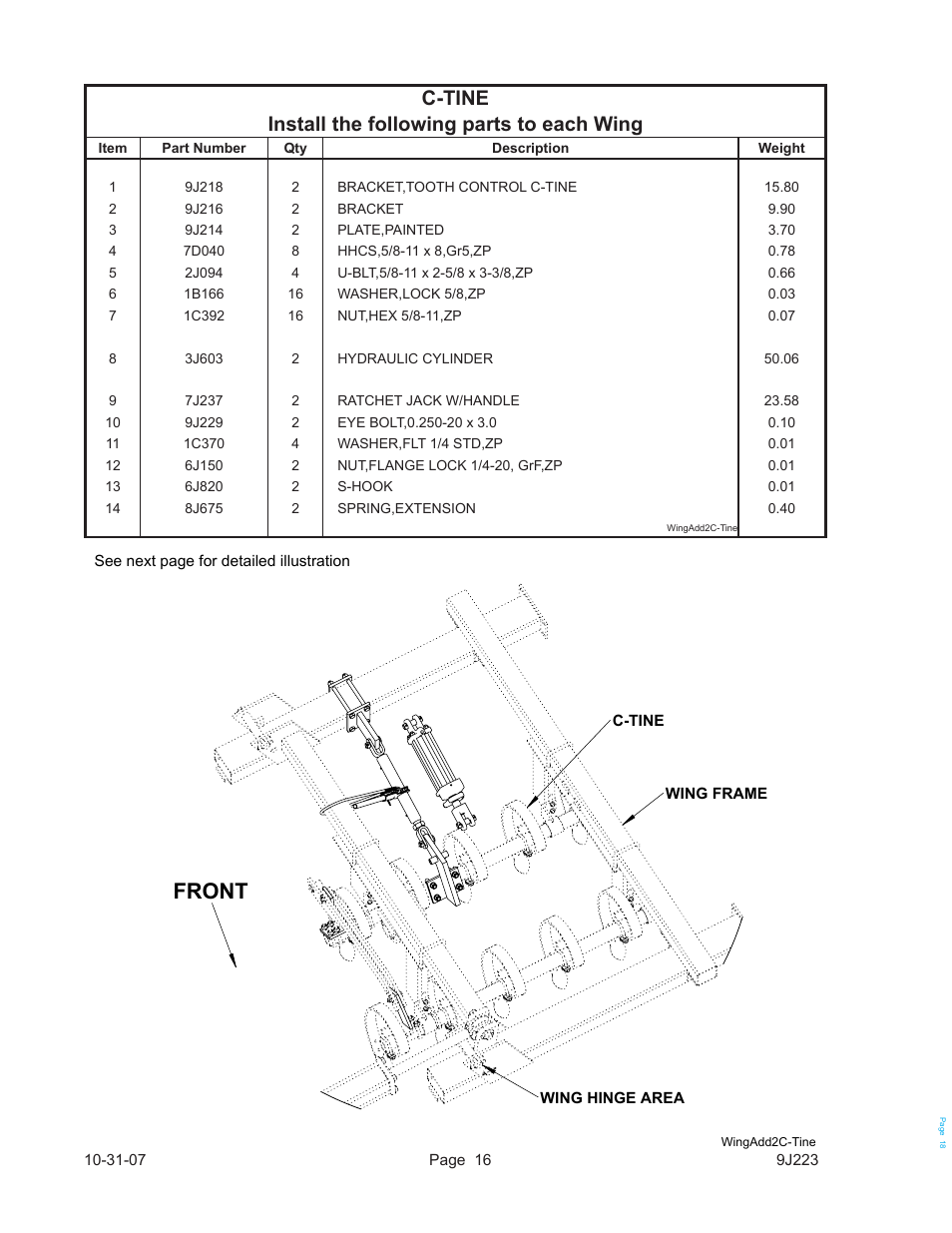 Front, C-tine install the following parts to each wing | Landoll WL SERIES TOOTH CONTROL KITS User Manual | Page 18 / 22