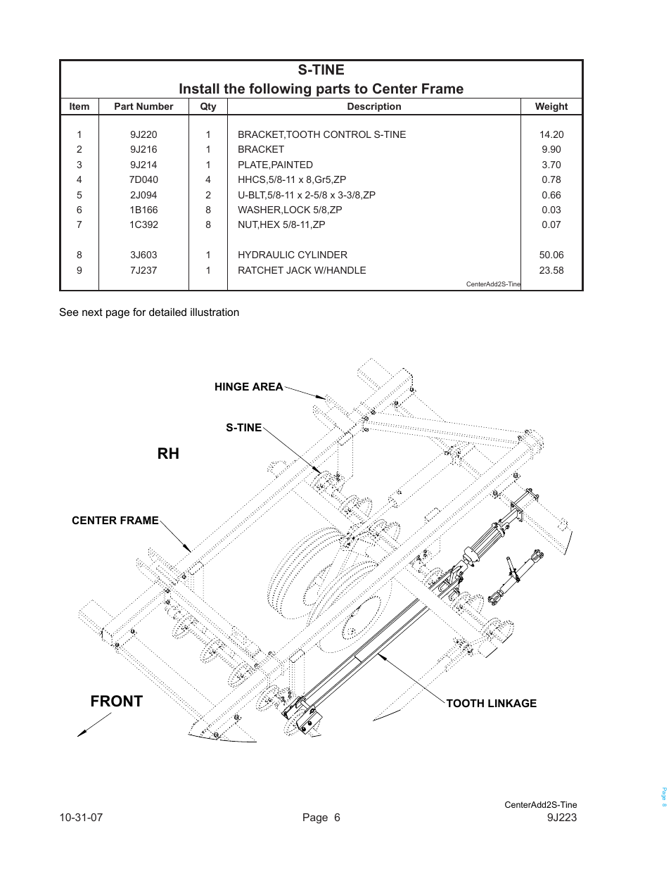 Front, S-tine install the following parts to center frame | Landoll WL SERIES TOOTH CONTROL KITS User Manual | Page 8 / 22