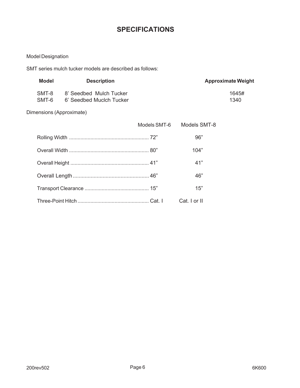 Specifications | Landoll SMT-6 Seedbed Mulch Tucker User Manual | Page 8 / 20