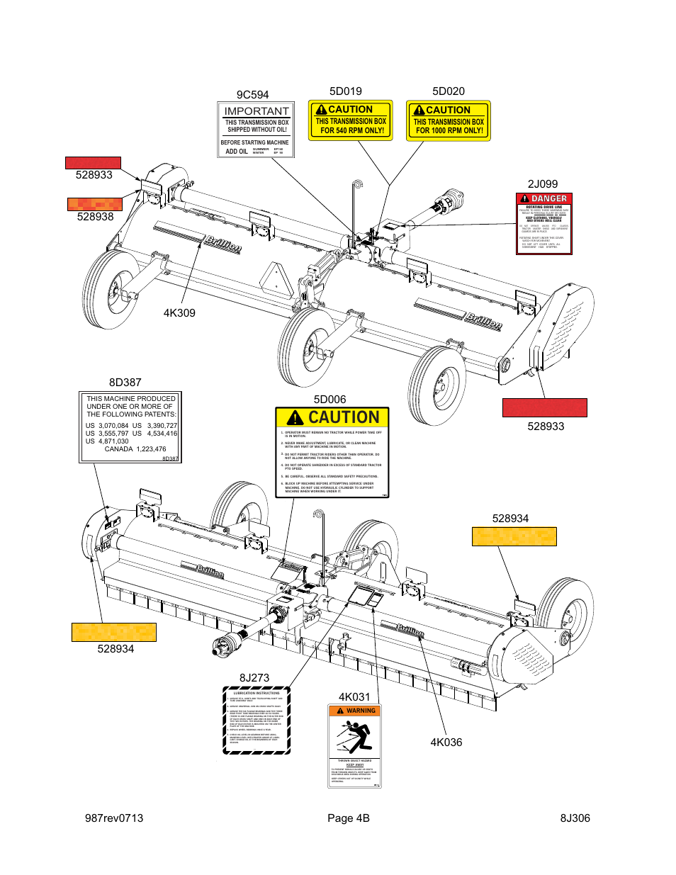 Important, 8j-273, Caution | Danger | Landoll 1806/1806-1 FS, FSC, FSB Series Flail Shredder User Manual | Page 8 / 24