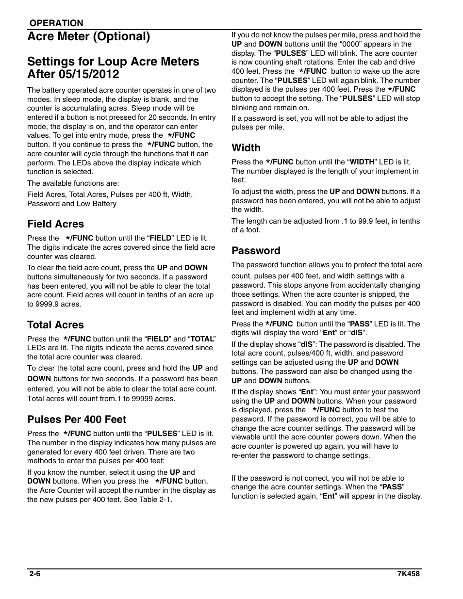 Acre meter (optional), Settings for loup acre meters after 05/15/2012, Field acres | Total acres, Pulses per 400 feet, Width, Password | Landoll LSS6 Landscape Grass Seeder User Manual | Page 16 / 34