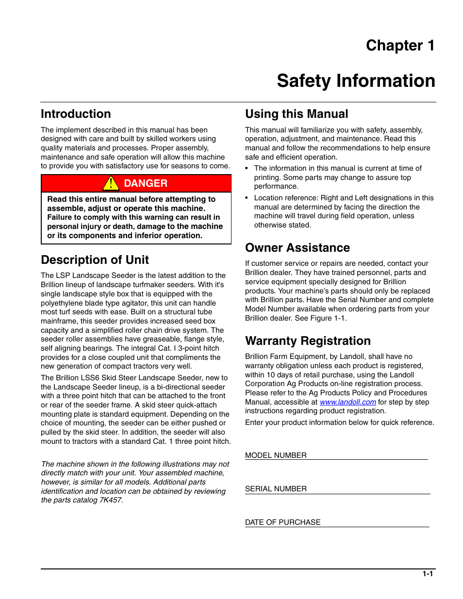 Safety information, Introduction, Description of unit | Using this manual, Owner assistance, Warranty registration, Chapter 1 | Landoll LSS6 Landscape Grass Seeder User Manual | Page 5 / 34