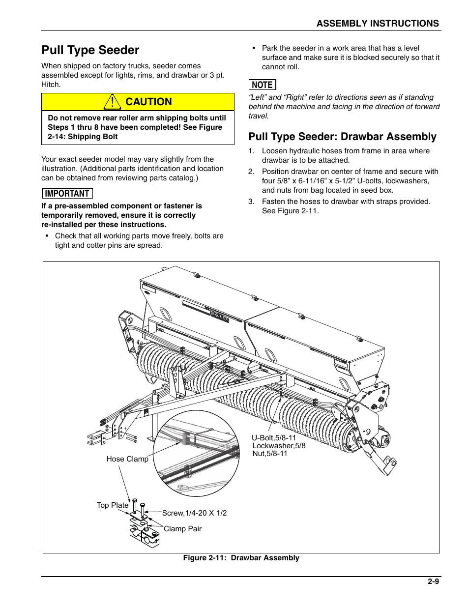 Pull type seeder, Pull type seeder: drawbar assembly, Caution | Landoll SL/SLB/SLP/SLPB/SLPB TURFMAKER III User Manual | Page 19 / 58