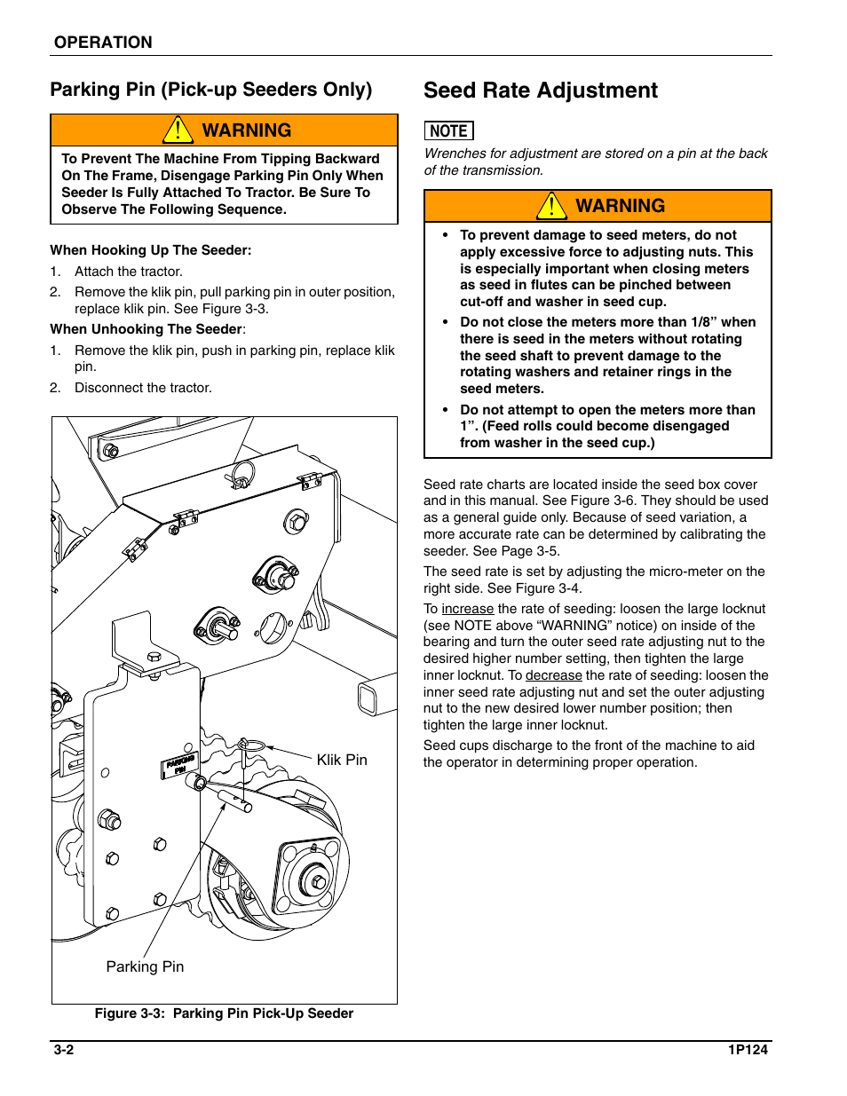 Parking pin (pick-up seeders only), Seed rate adjustment, Warning | Landoll SL/SLB/SLP/SLPB/SLPB TURFMAKER III User Manual | Page 40 / 58