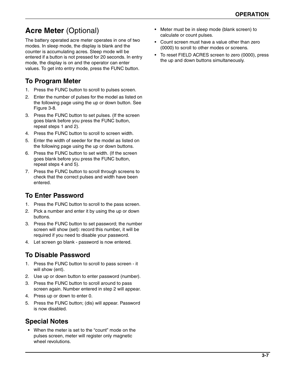 Acre meter (optional), To program meter, To enter password | To disable password, Special notes | Landoll SL/SLB/SLP/SLPB/SLPB TURFMAKER III User Manual | Page 45 / 58