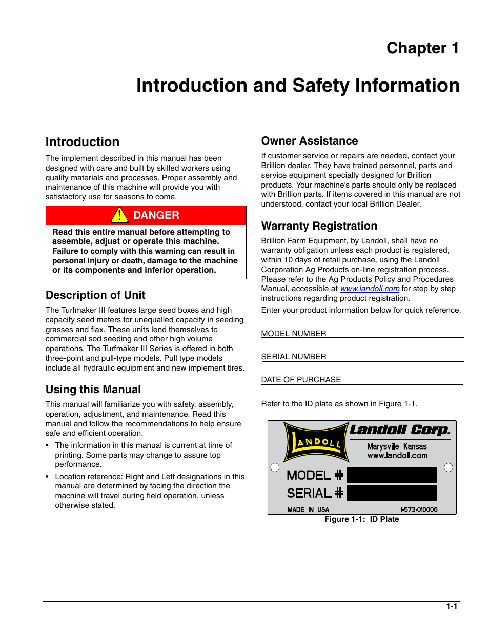 Introduction and safety information, Introduction, Description of unit | Using this manual, Owner assistance, Warranty registration, Chapter 1 | Landoll SL/SLB/SLP/SLPB/SLPB TURFMAKER III User Manual | Page 5 / 58