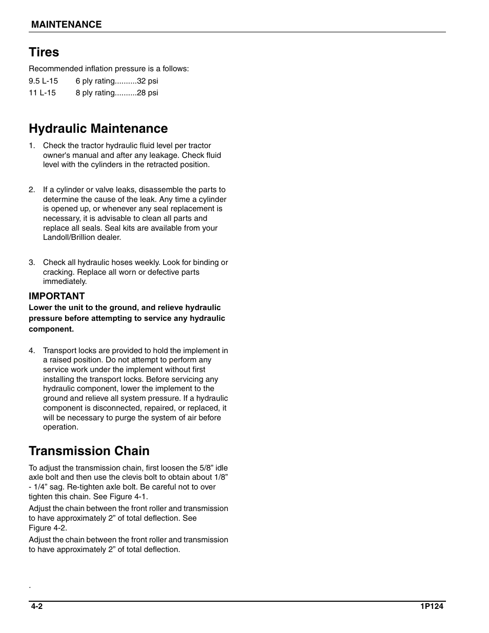 Tires, Hydraulic maintenance, Transmission chain | Landoll SL/SLB/SLP/SLPB/SLPB TURFMAKER III User Manual | Page 50 / 58