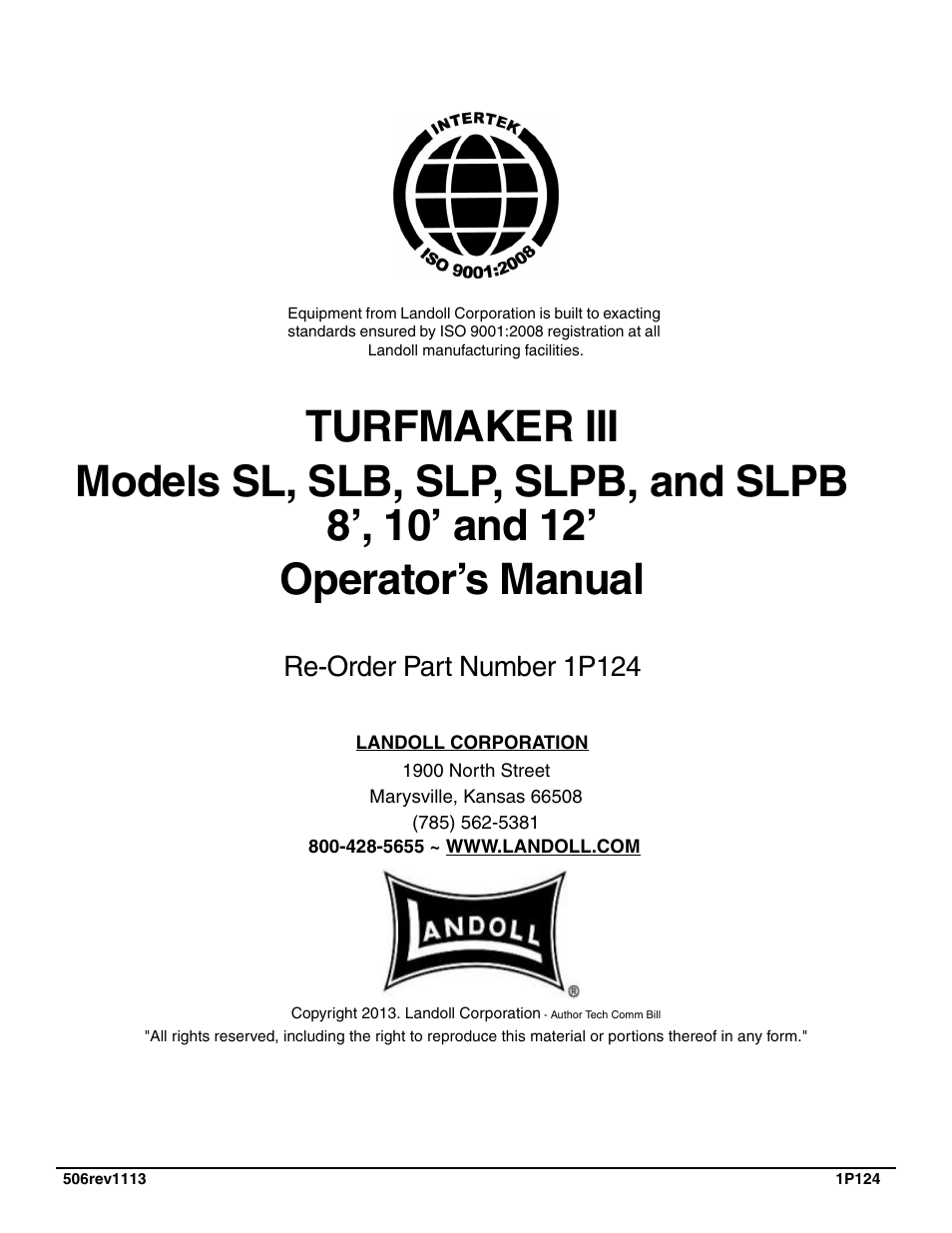 Re-order part number 1p124 | Landoll SL/SLB/SLP/SLPB/SLPB TURFMAKER III User Manual | Page 58 / 58