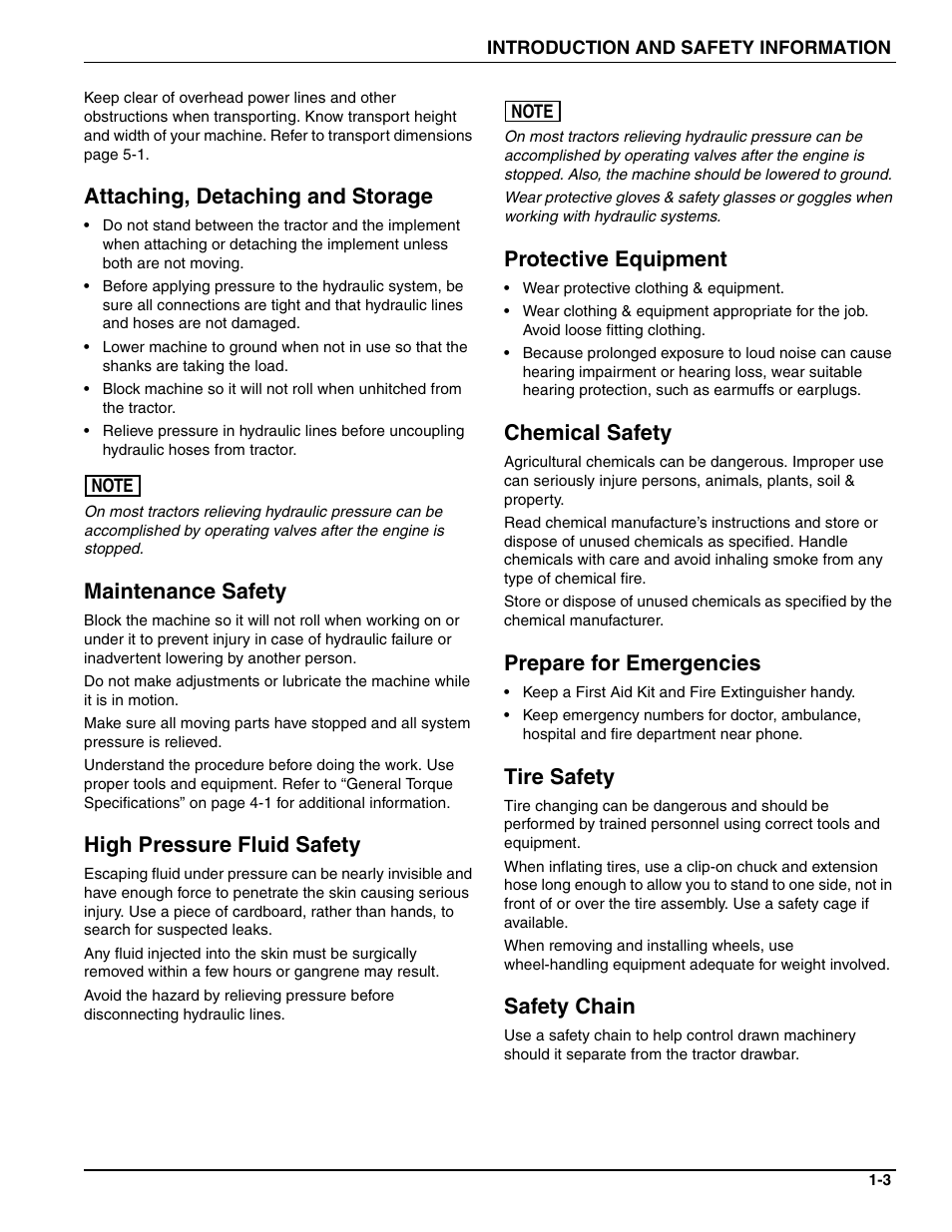 Attaching, detaching and storage, Maintenance safety, High pressure fluid safety | Protective equipment, Chemical safety, Prepare for emergencies, Tire safety, Safety chain | Landoll SL/SLB/SLP/SLPB/SLPB TURFMAKER III User Manual | Page 7 / 58