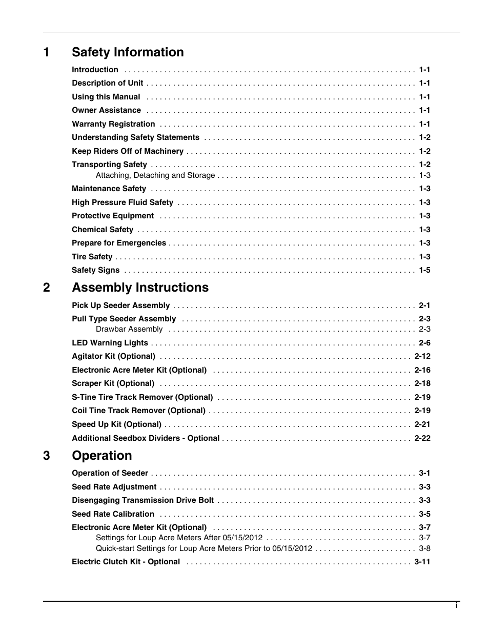 1safety information, 2assembly instructions, 3operation | Landoll SL 8, 10, 12 Turfmaker Seeder User Manual | Page 3 / 56