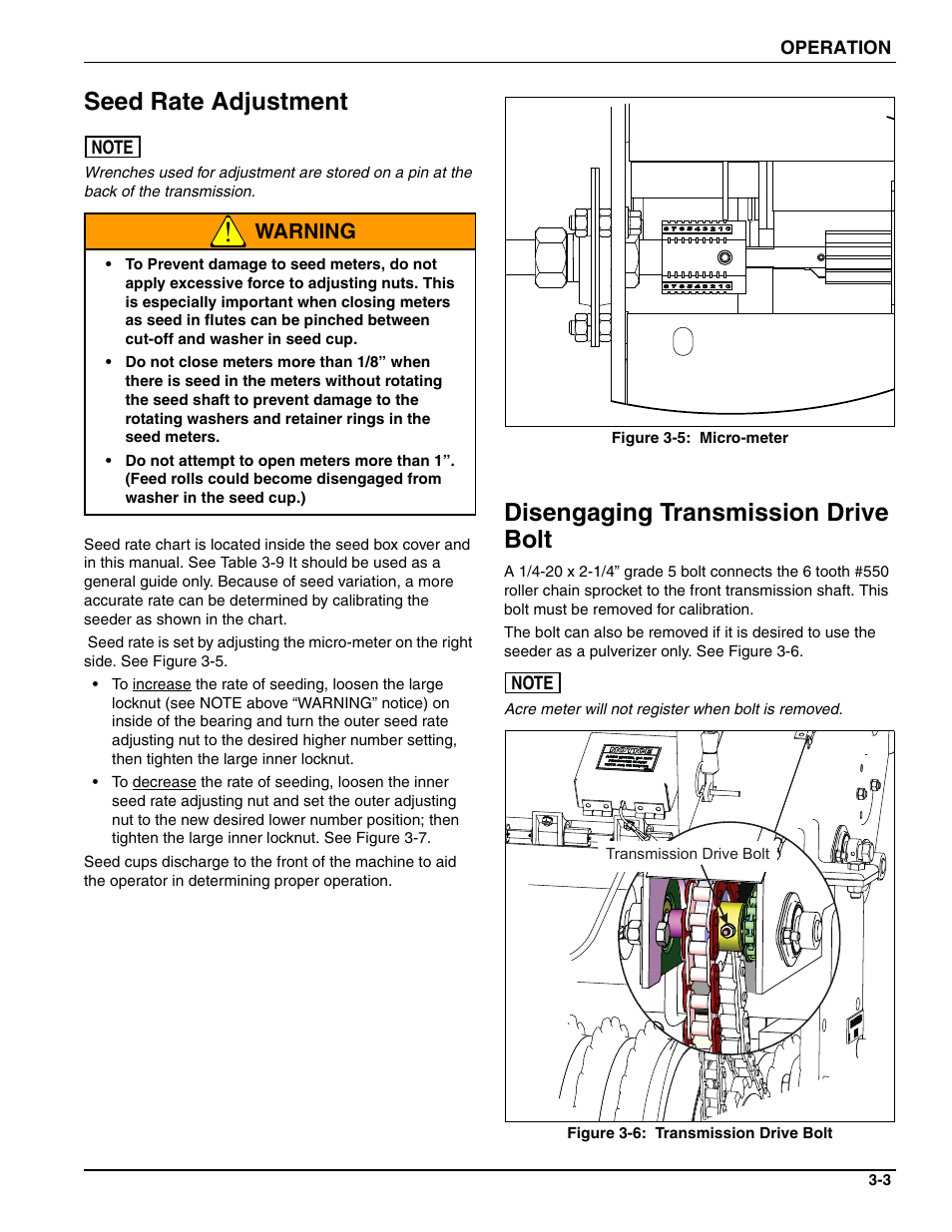 Seed rate adjustment, Disengaging transmission drive bolt, Warning | Landoll SL 8, 10, 12 Turfmaker Seeder User Manual | Page 35 / 56