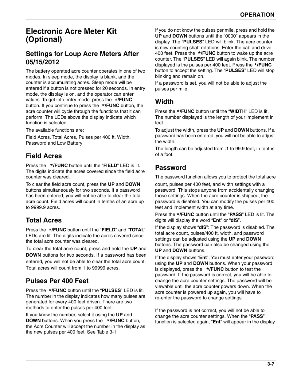 Electronic acre meter kit (optional), Settings for loup acre meters after 05/15/2012 | Landoll SL 8, 10, 12 Turfmaker Seeder User Manual | Page 39 / 56