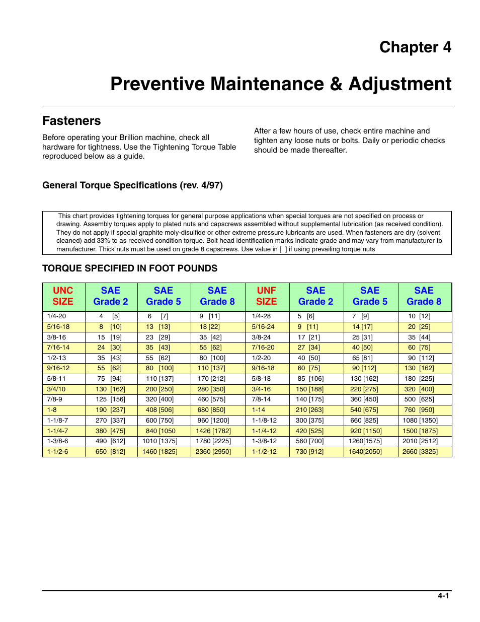 Preventive maintenance & adjustment, Fasteners, Chapter 4 | General torque specifications (rev. 4/97), Torque specified in foot pounds | Landoll SL 8, 10, 12 Turfmaker Seeder User Manual | Page 45 / 56