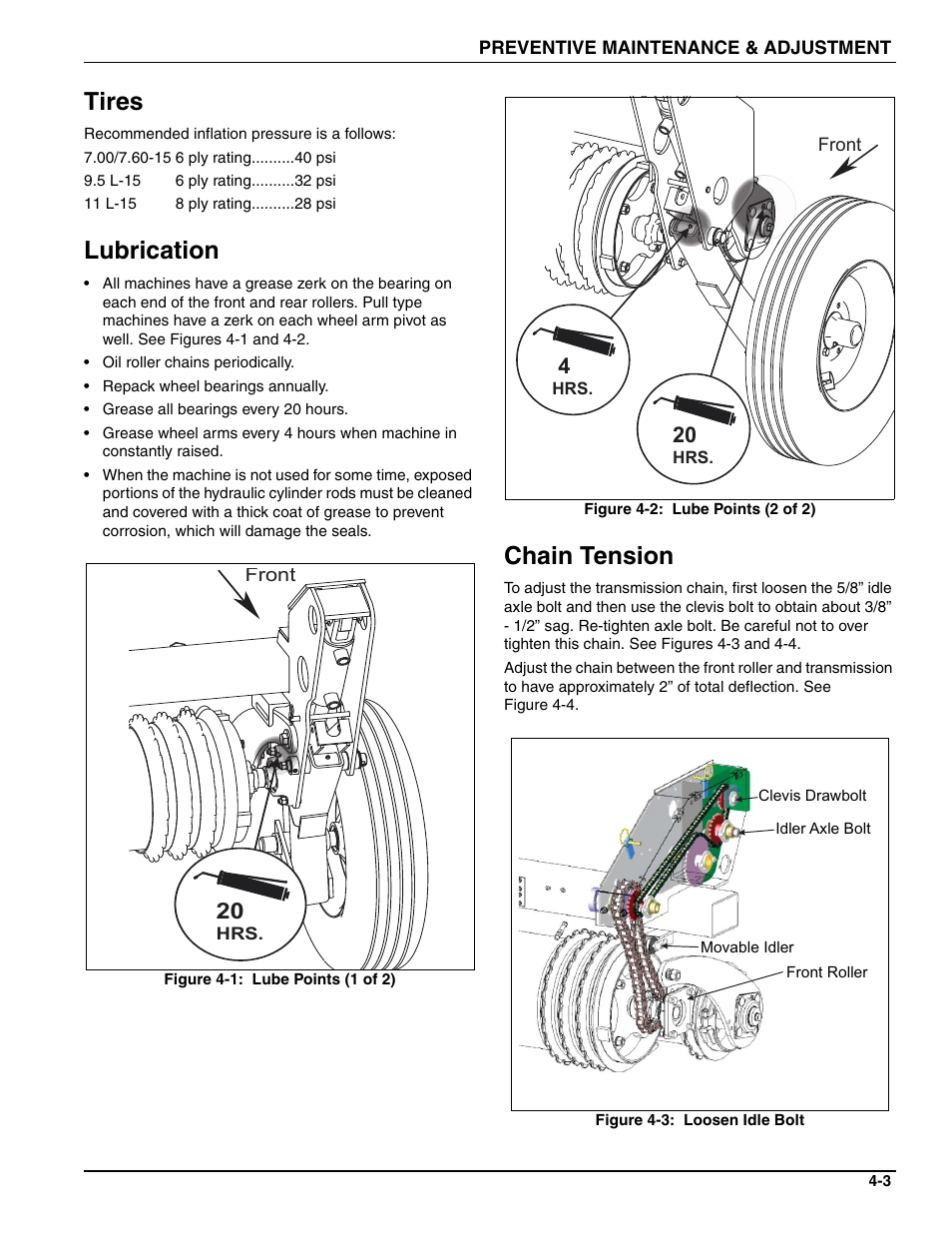 Tires, Lubrication, Chain tension | Landoll SL 8, 10, 12 Turfmaker Seeder User Manual | Page 47 / 56