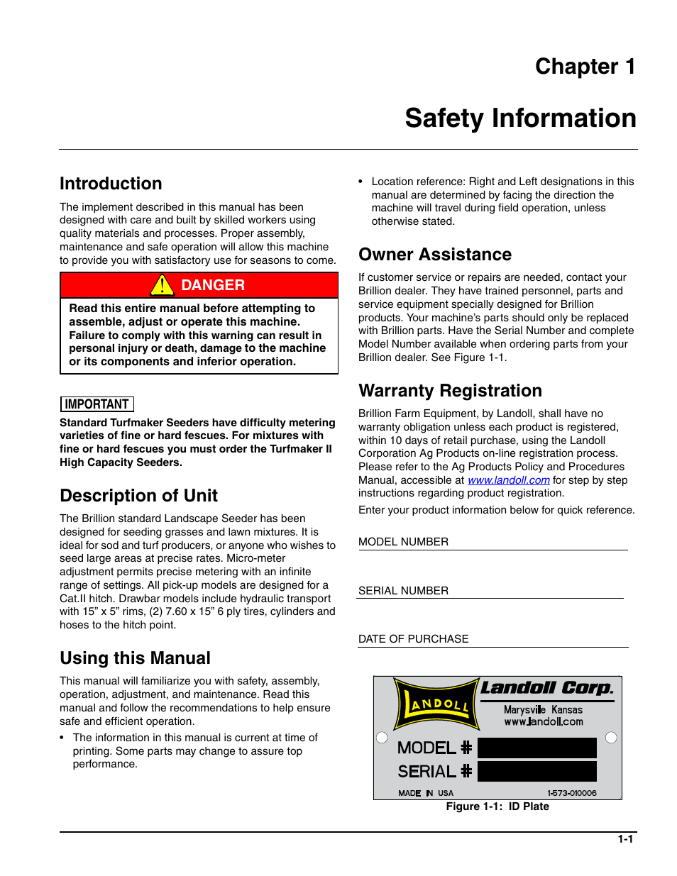 Safety information, Introduction, Description of unit | Using this manual, Owner assistance, Warranty registration, Chapter 1 | Landoll SL 8, 10, 12 Turfmaker Seeder User Manual | Page 5 / 56